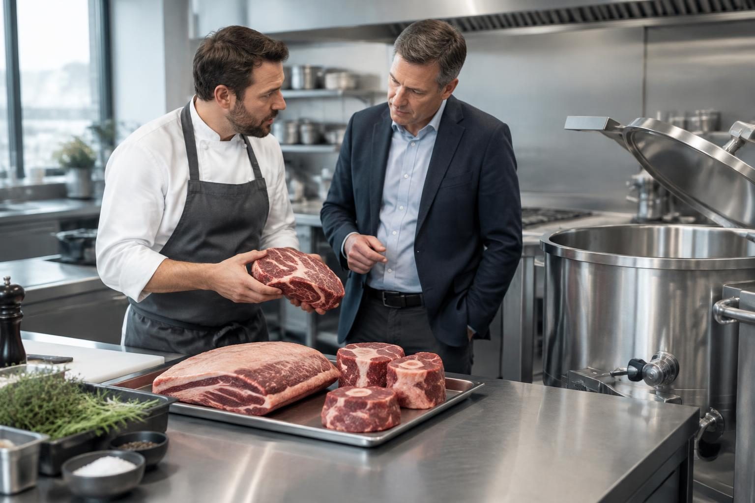Production chef and buyer reviewing beef cuts beside braising equipment.