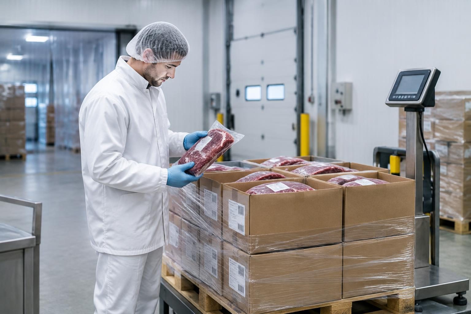 Procurement coordinator checking vacuum-packed beef cartons in a chilled dispatch area