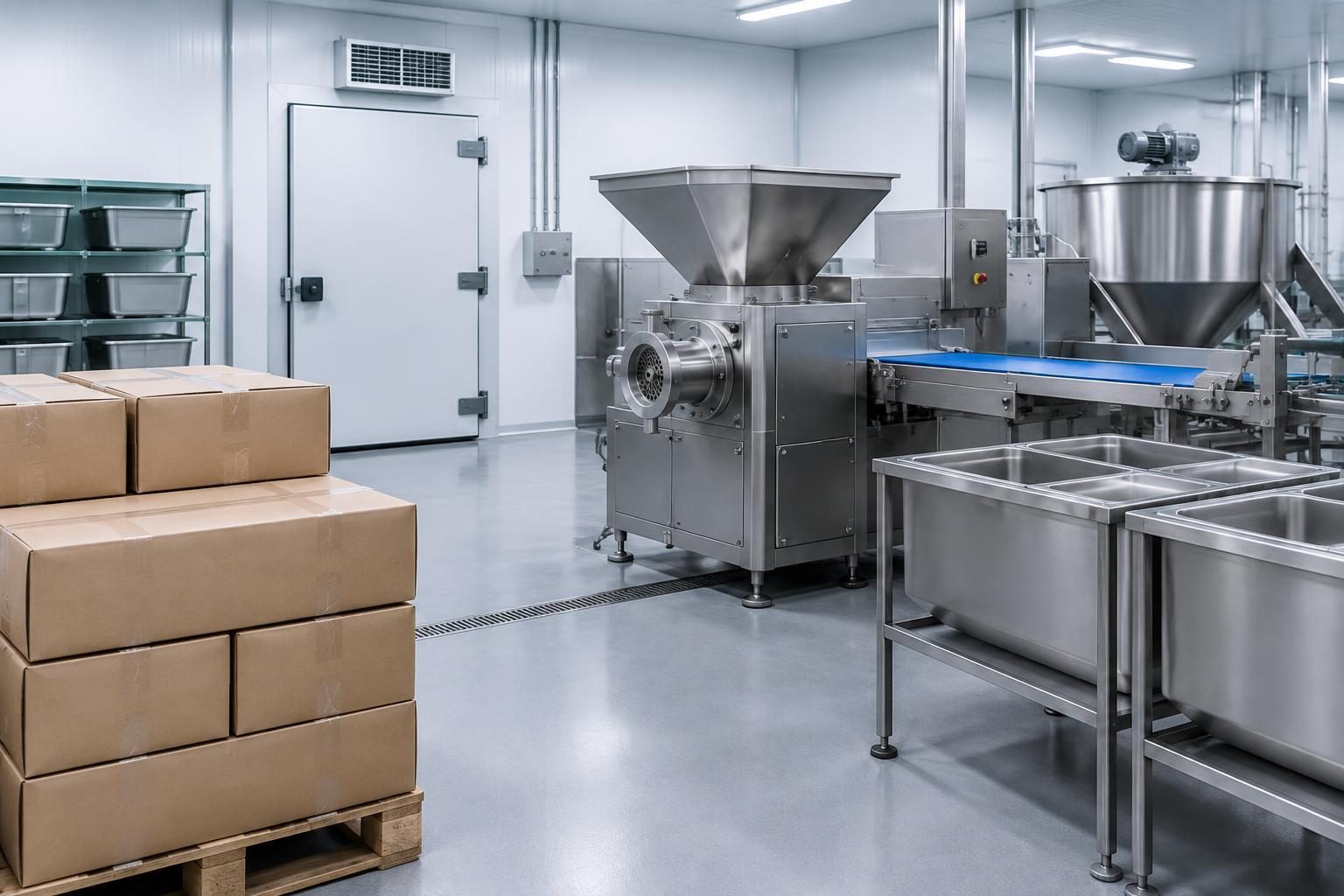 Chilled burger ingredient area with sealed beef cartons beside blending equipment.