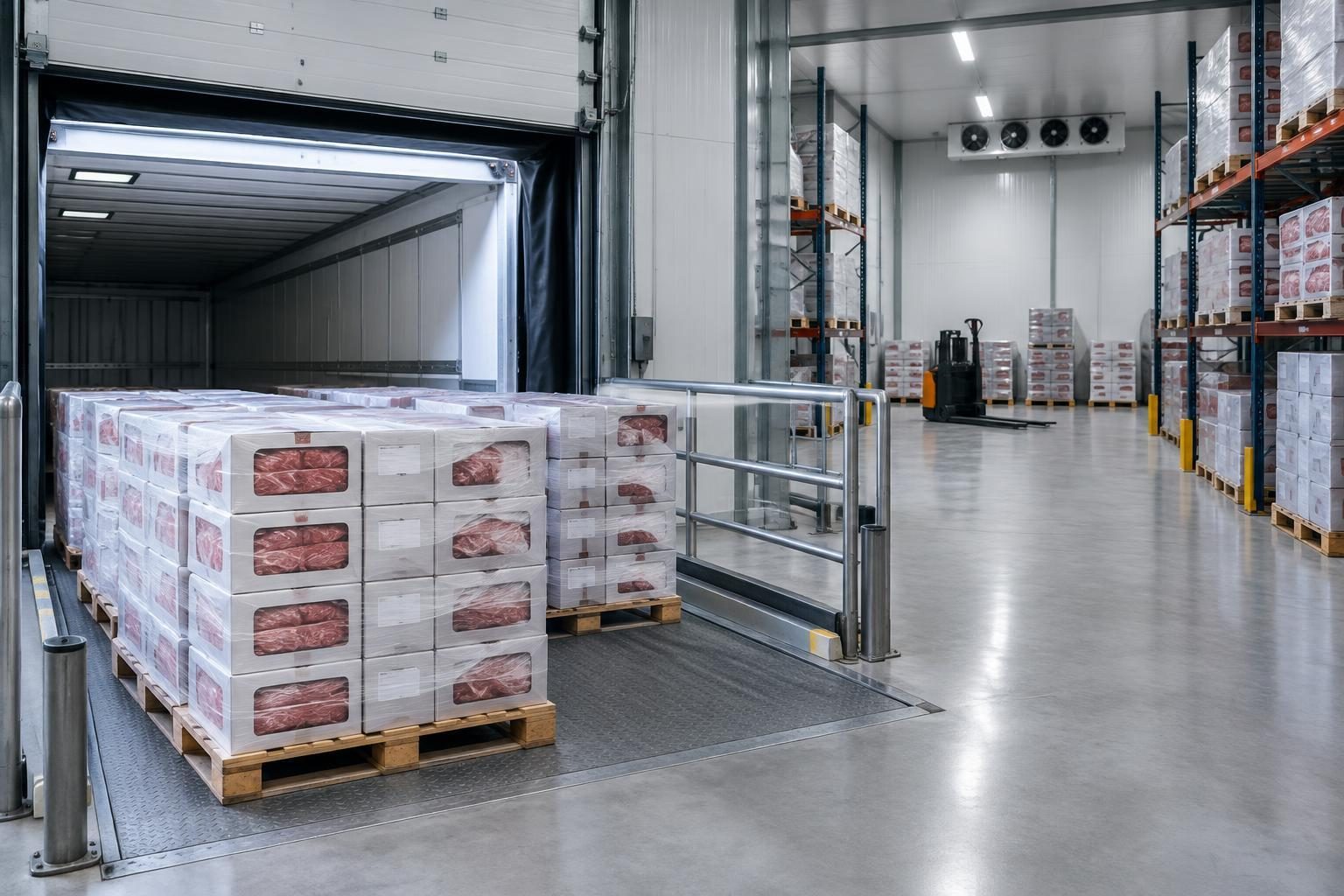 Palletised sealed beef cartons in a refrigerated wholesale distribution warehouse.
