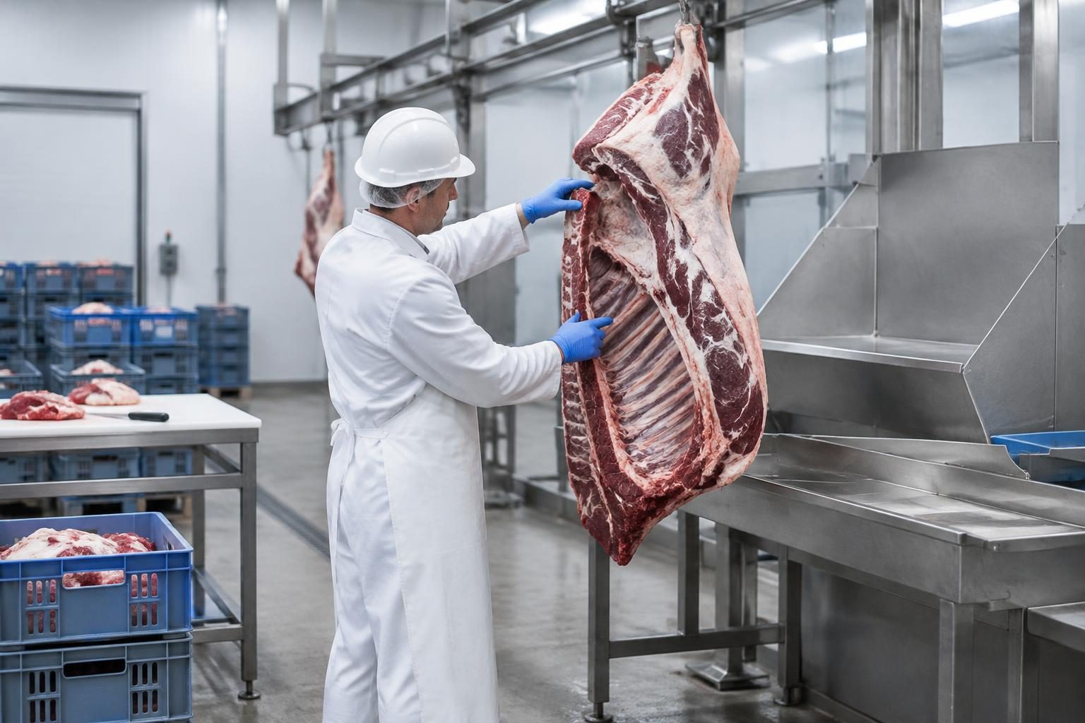 Production operative inspecting a beef forequarter at a chilled breakdown station.