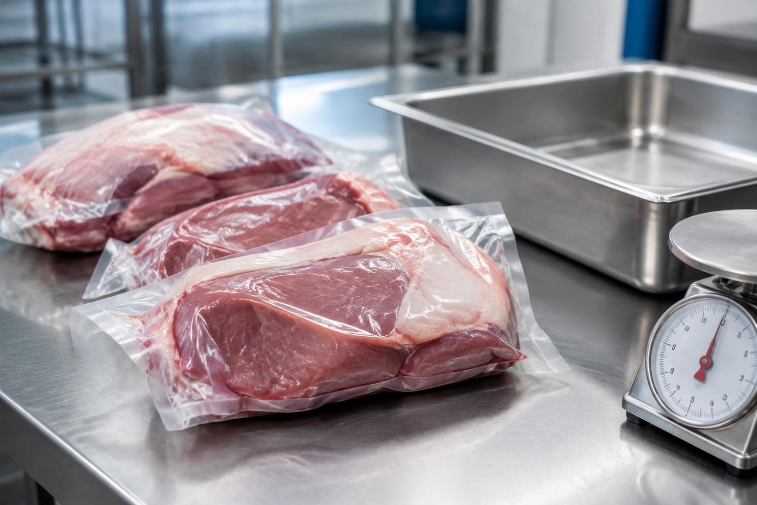 Vacuum-sealed chilled veal cuts on a stainless-steel receiving bench