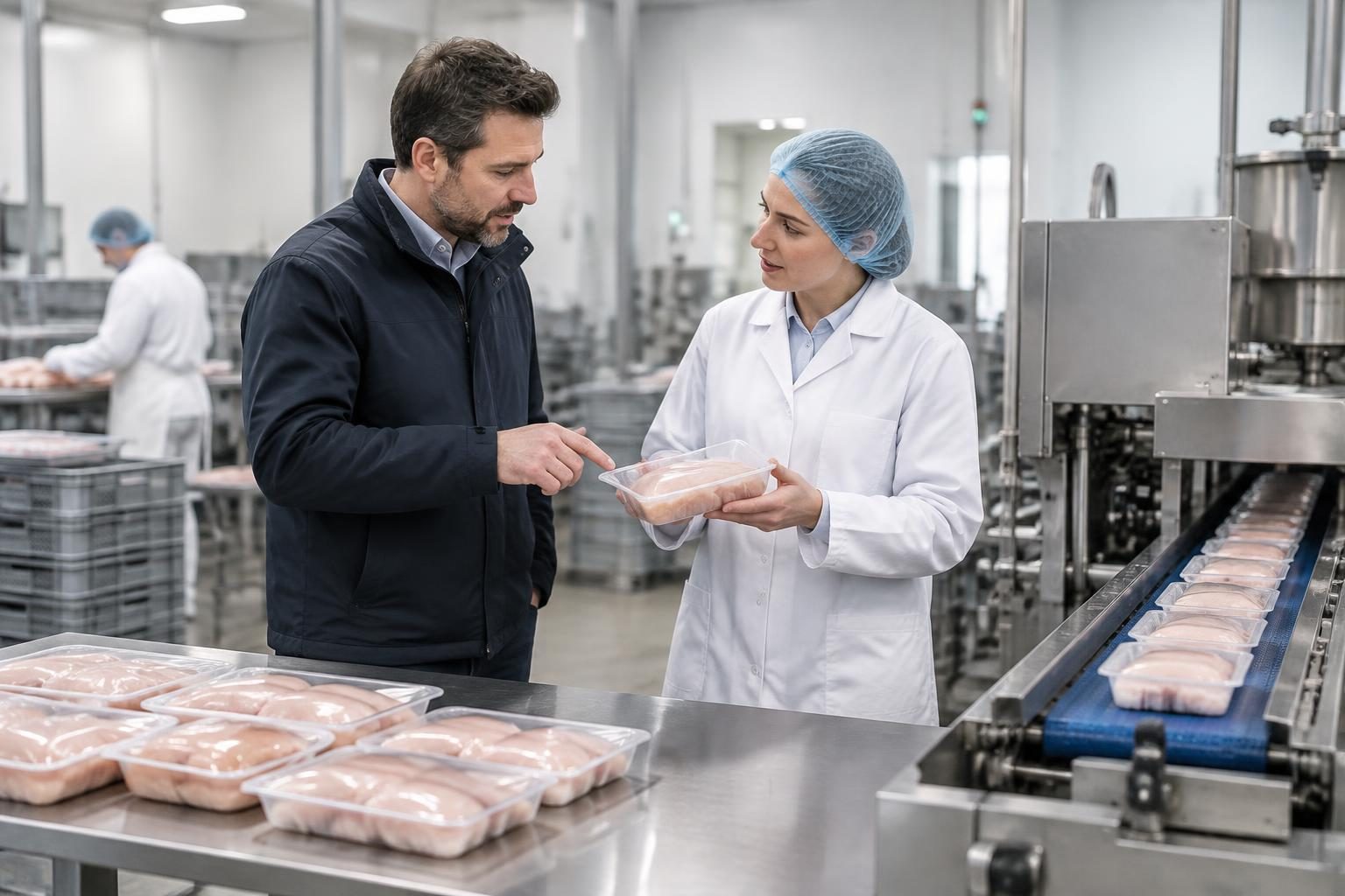 A poultry buyer and production planner reviewing sealed chicken packs beside a processing line.