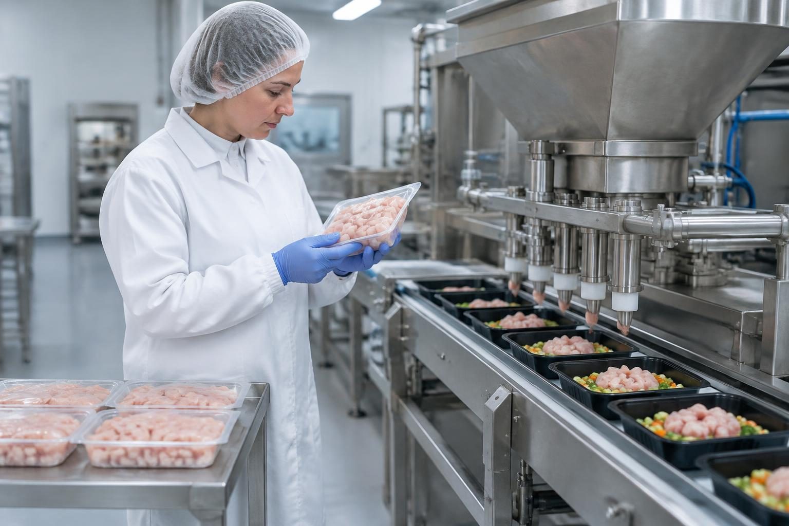 Production operator checking sealed diced chicken packs beside a ready-meal line.