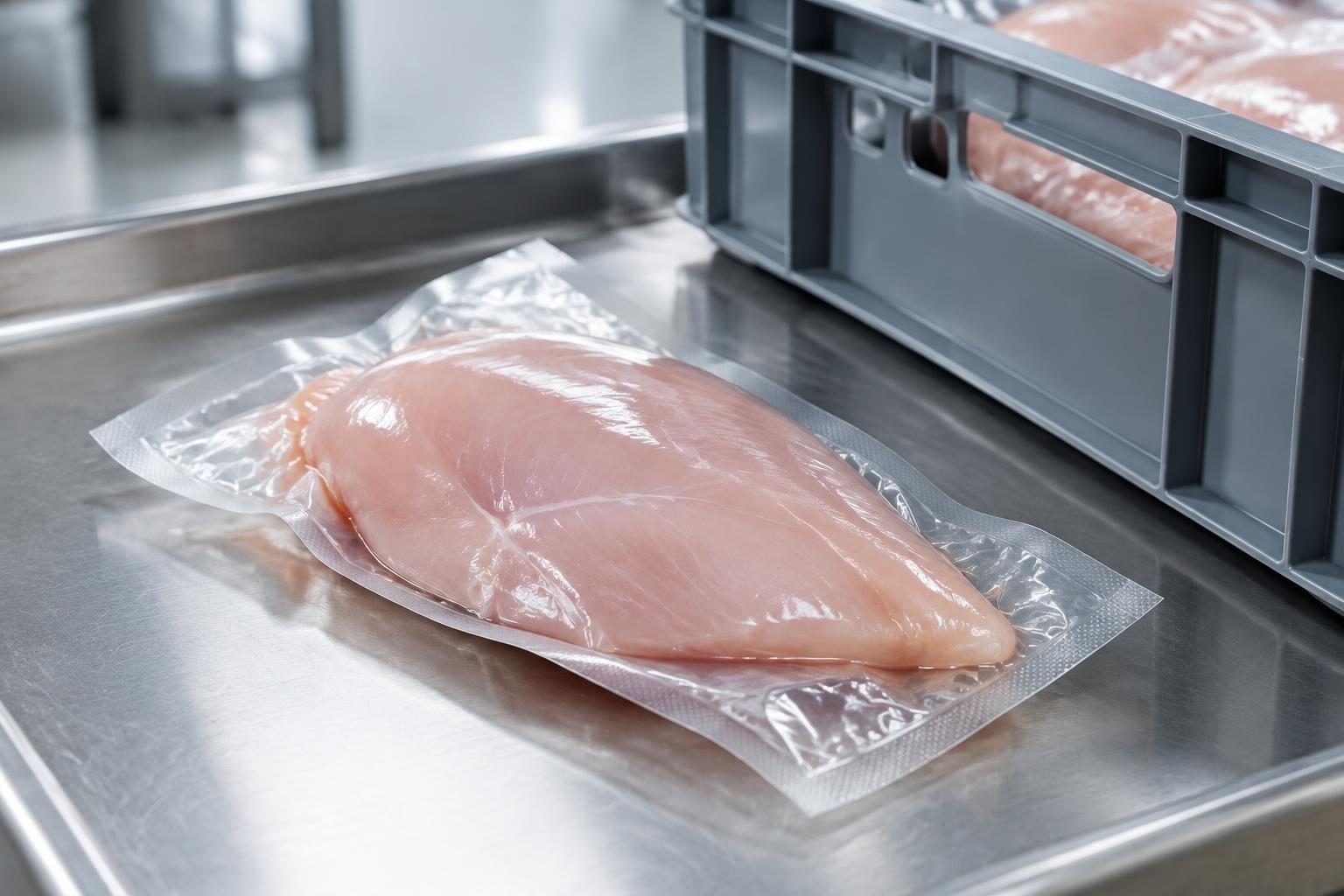 Vacuum-packed chilled chicken fillet on a stainless-steel receiving tray