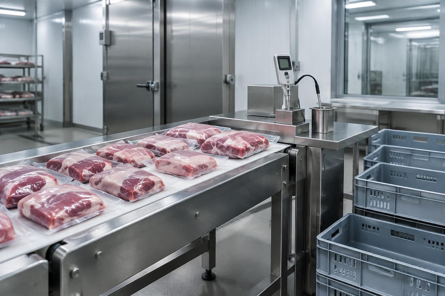 Vacuum-packed veal at a chilled receiving inspection station.