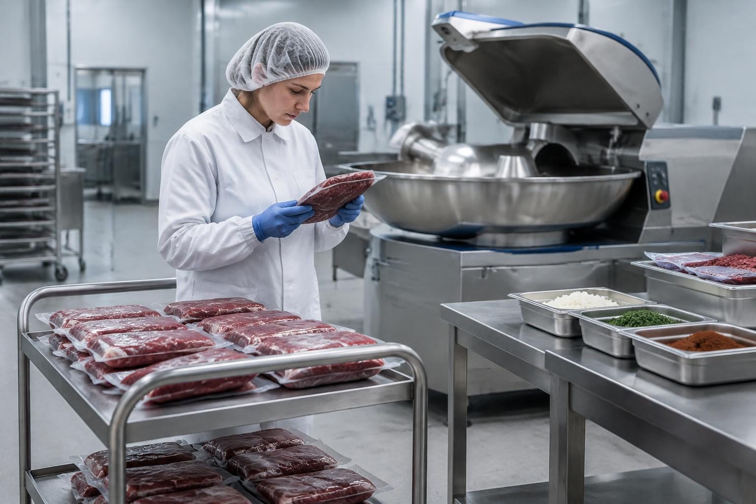 Production planner checking vacuum-packed beef beside ready meal equipment.