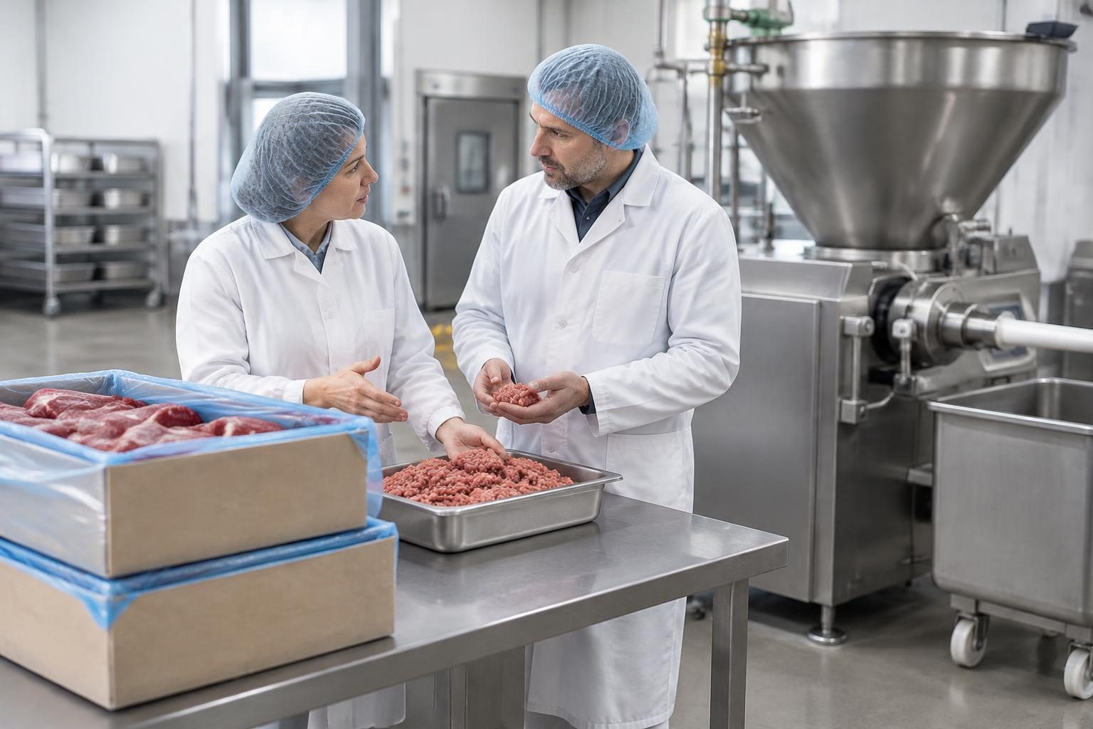 Two production professionals reviewing beef beside sausage-making equipment.