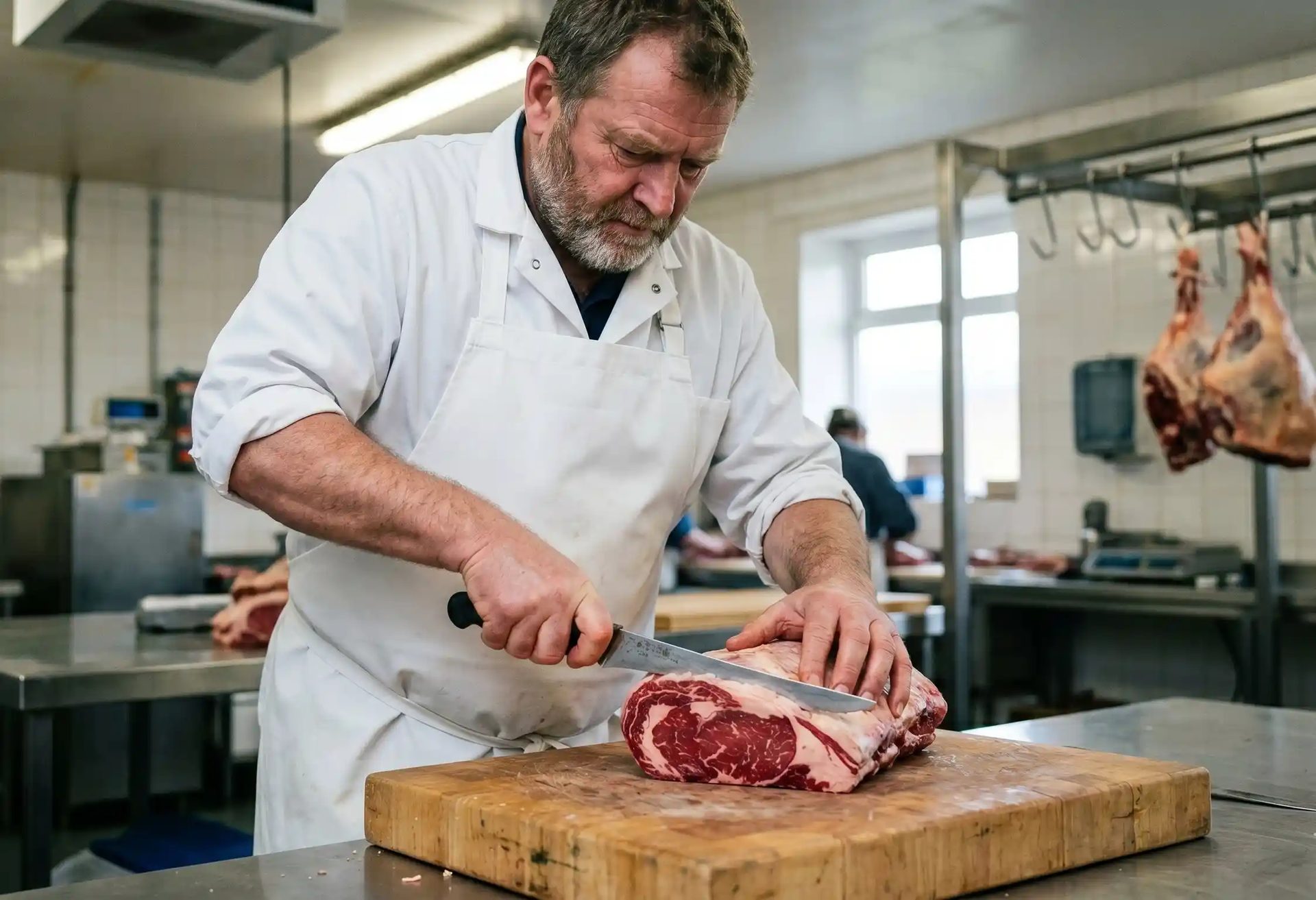 Butcher preparing meat at a wholesale company